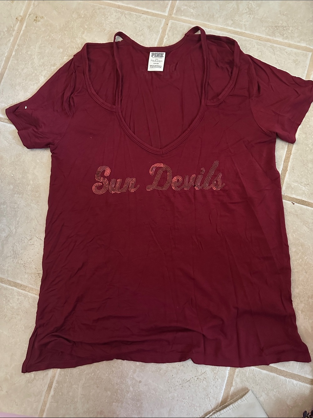 PINK Victoria's Secret Sun Devils Short Sleeve V-Neck Tee - Maroon